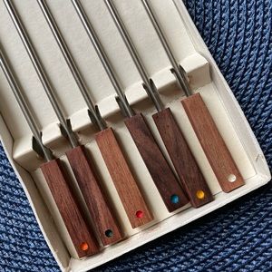 Vintage Fondue Forks In Box Stainless Steel Rosewood Colored Dots